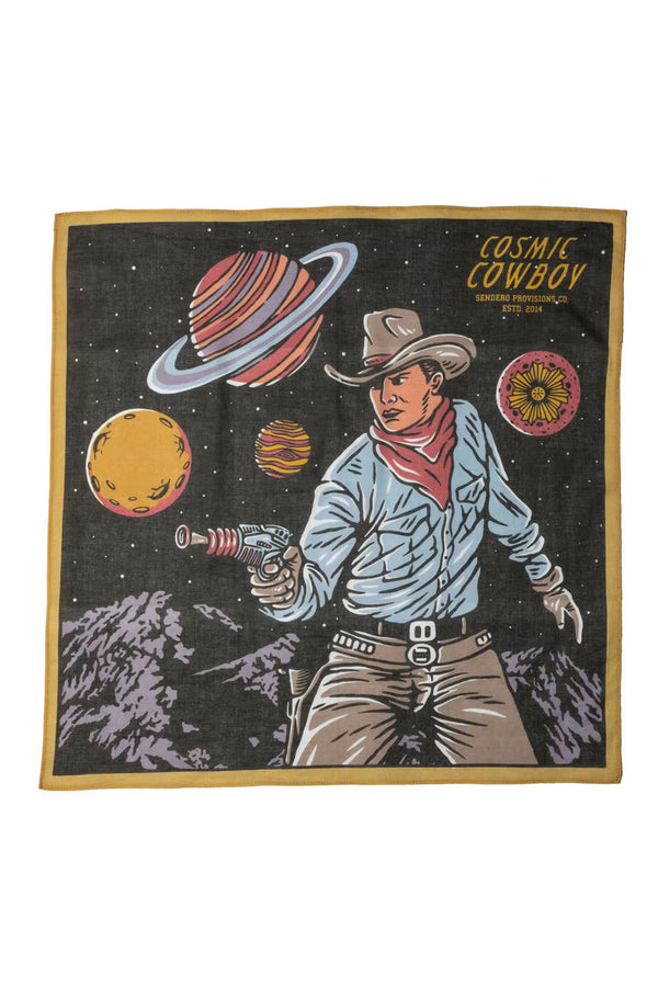 Black bandana with a gold border. Bandana features a cowboy in space with a laser gun. Behind him are stars and planets. In the top right corner the bandana says Cosmic Cowboy. White background.