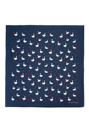 Navy Bandana with white geese and apples printed all over it.