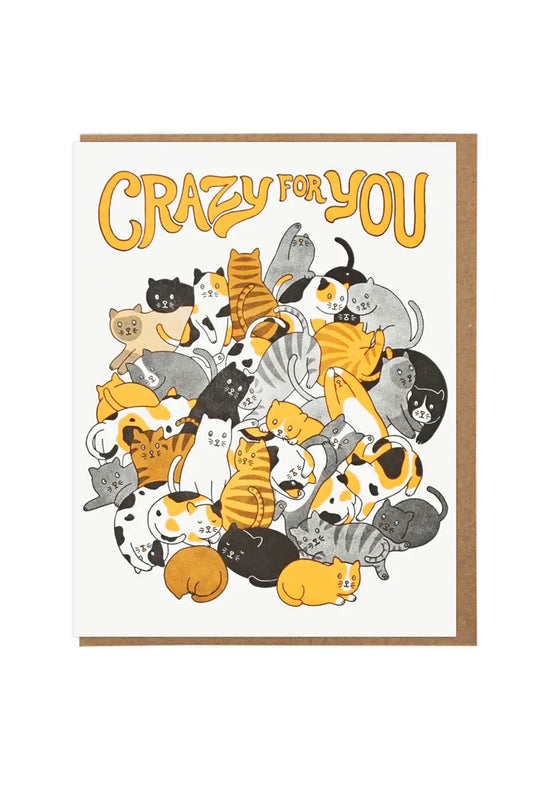 White greeting card featuring a pile of cats ranging in color and markings from calico to black. The card says Crazy for You in yellow lettering above the cats. Brown envelope. White background.