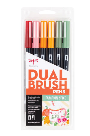 Set of 6 colors. Dual Brush Pens feature flexible brush tip and fine tip in one marker. Colors include Crimson, Dusty Rose, Scarlet, Orange, Gray Green, and Asparagus.