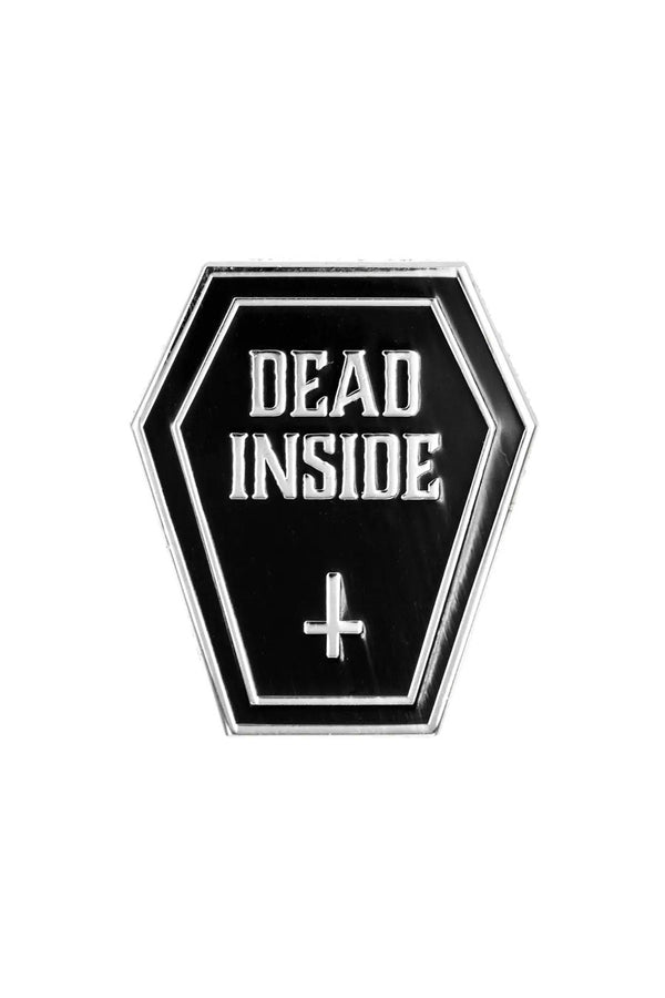 Black coffin enamel pin that says Dead Inside with an upside down cross. White background.