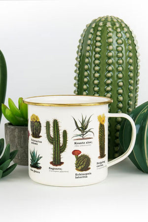 Enamel mug featuring desert cacti and plants and their names. This side of the mug features Echinopsis Lateritia, Krantz Aloe, Hedgehog Cactus, Saguaro, and Aloe Glauca.