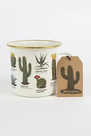 Enamel mug featuring desert cacti and plants and their names. This side of the mug features Echinopsis Lateritia, Krantz Aloe, and Hedgehog Cactus.