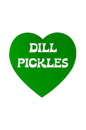 Green heart shaped sticker that says Dill Pickles in white text.