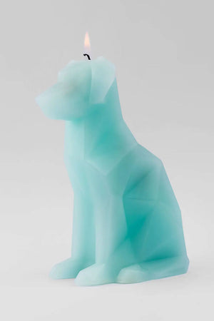 Teal dog geometric shaped candle lit against a white background.