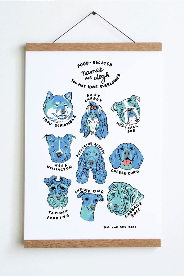 Digital Print hanging from magnetic frame. The print features illustrations of 9 dog portraits that have food names. At the top of the print it says "Food-Related Names for Dogs you may have overlooked". The names are Tofu Scramble, Baby Carrot, Meatball Sub, Beef Wellington, Fetuccine Alfredo, Cheese Curd, Tapioca Pudding, Shrimp Ring, and Cabbage Roll.