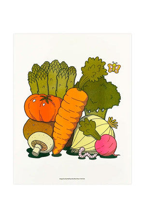 Risograph print of a pile of vegetables. Asparagus, tomato, potato, mushroom, carrot, broccoli, onion, radish, and one earth worm. White background.
