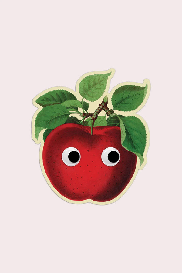 Vinyl sticker of a Red apple with googly eyes.