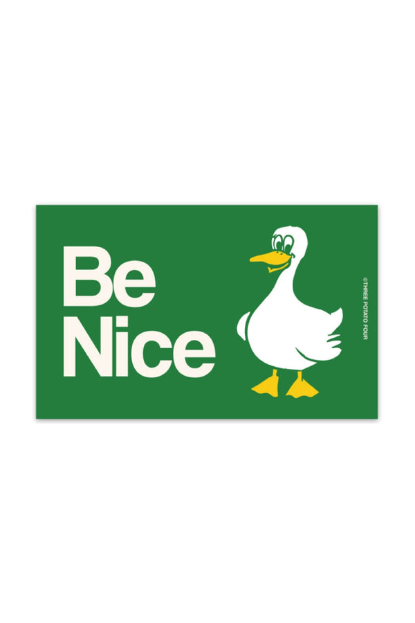 Green car bumper magnet. The design is green with a white goose and white text that says Be Nice.  White background.