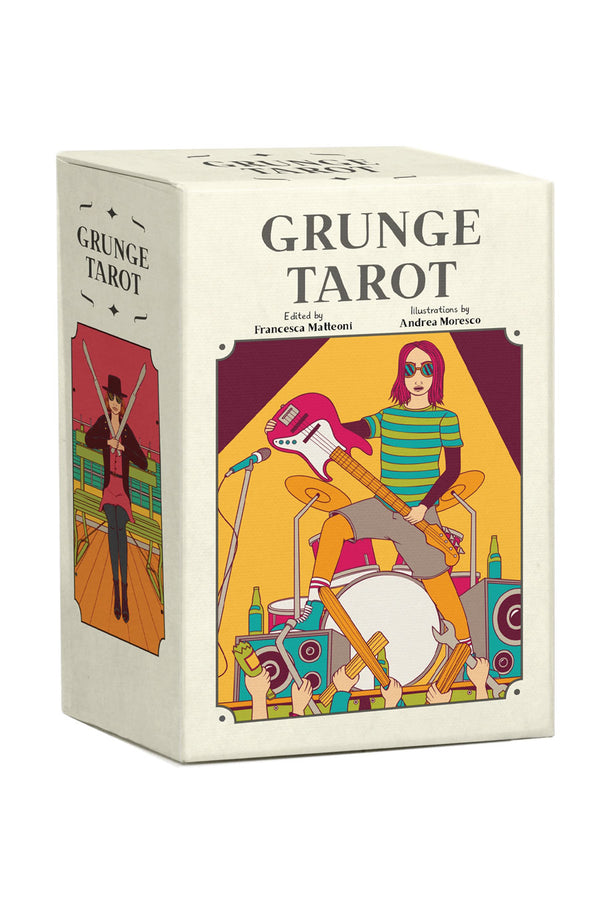 Box of tarot cards depicting illustrated grunge musicians. White background.
