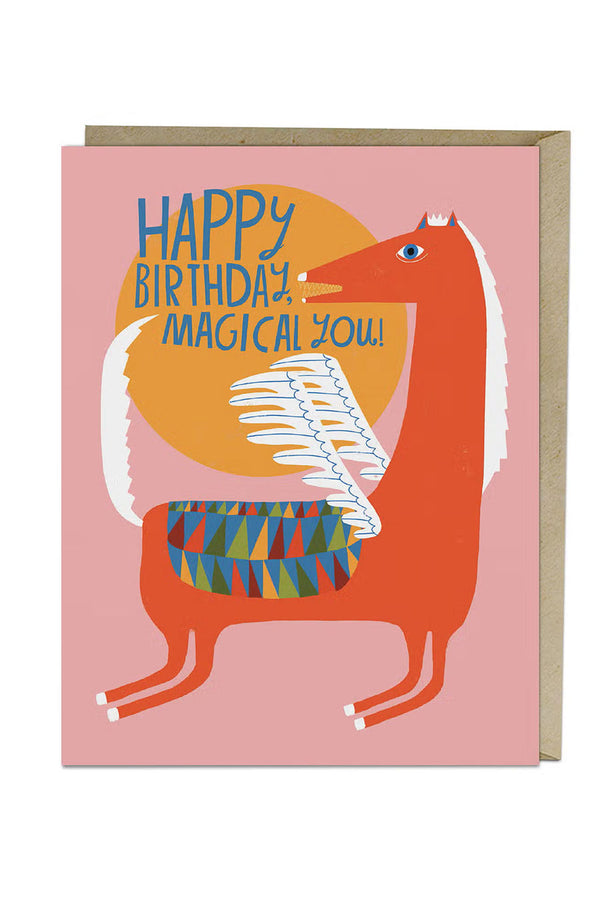 Pink greeting card of a red winged horse in front of a yellow sun. The card says Happy Birthday Magical You! White background.
