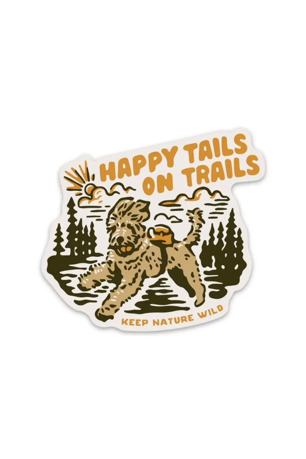 Vinyl sticker of a tan dog with a backpacck on a nature trail. Above the dog the sticker says Happy Tails on Trails. 