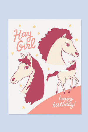 Greeting card of three horses. The card says Hay Girl Happy Birthday!