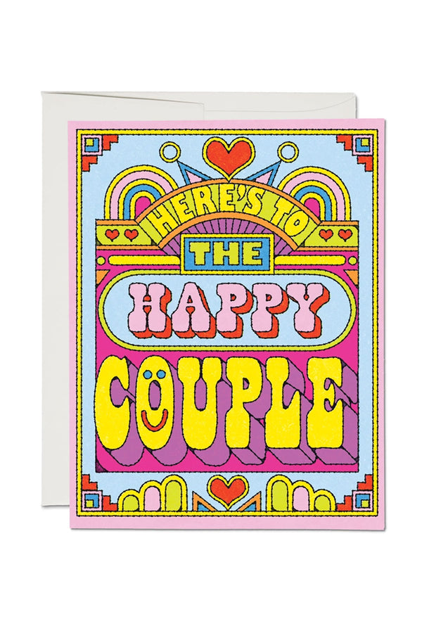 Greeting card that says Here's to the Happy Couple in 60's and 70's style with bright colors of red, pink, yellow, and blue.