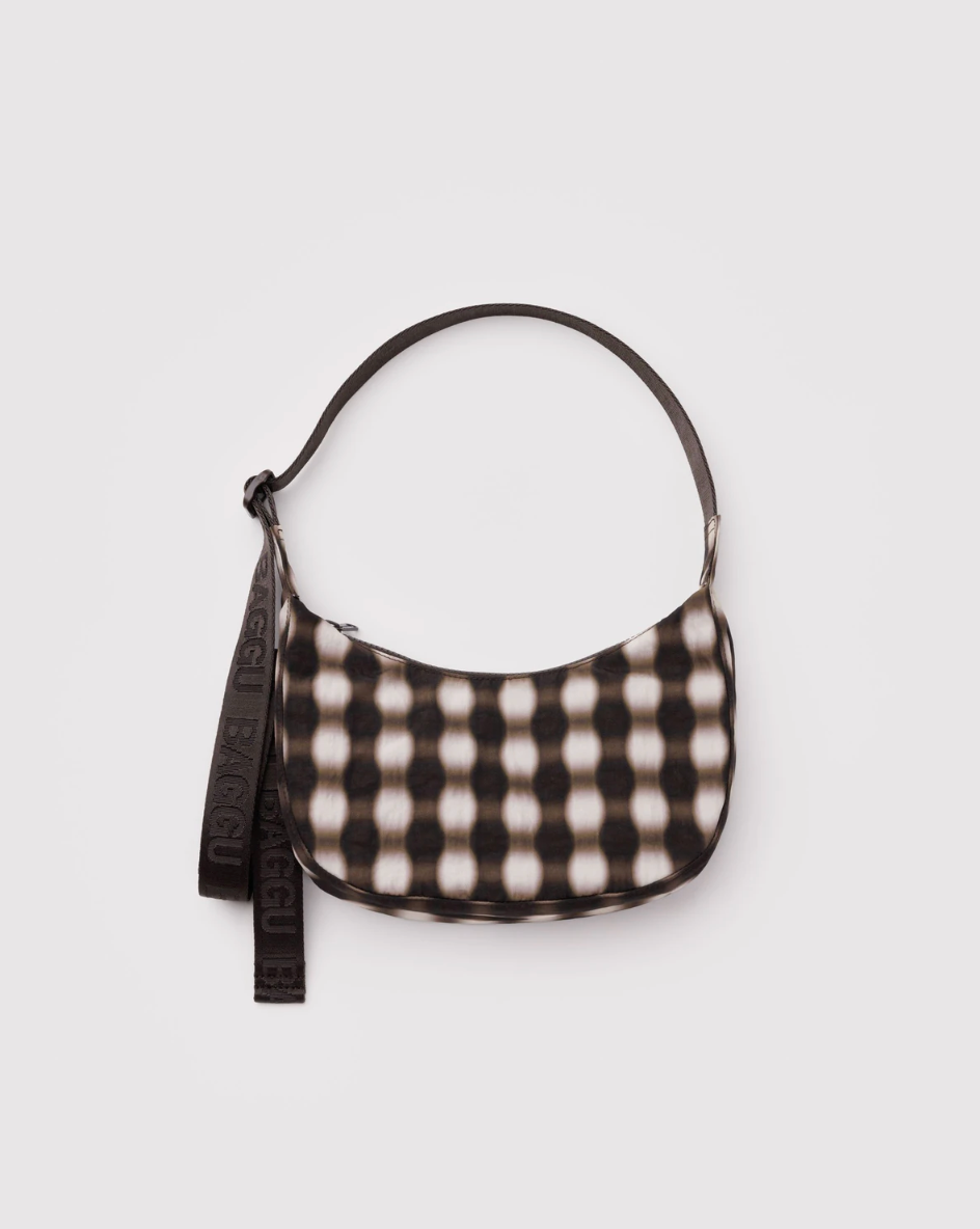 Small Nylon Crescent Bag - Blurred Gingham Brown