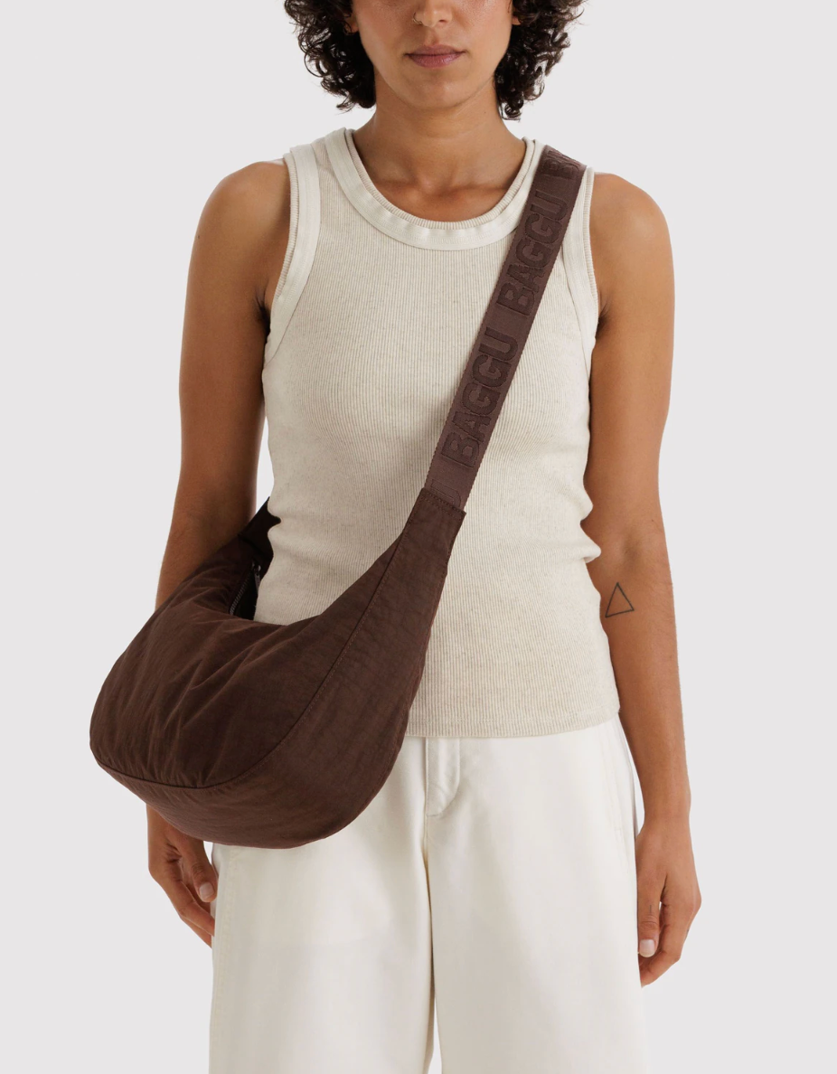 Medium Nylon Crescent Bag - Coffee