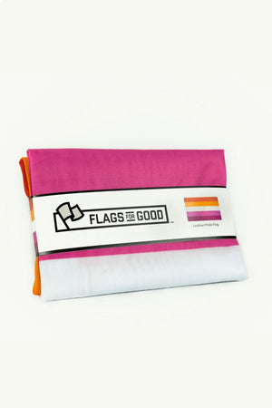 Folded Lesbian Pride Flag. The label says Flags for Good with a depiction of the flag unfolded. White background.