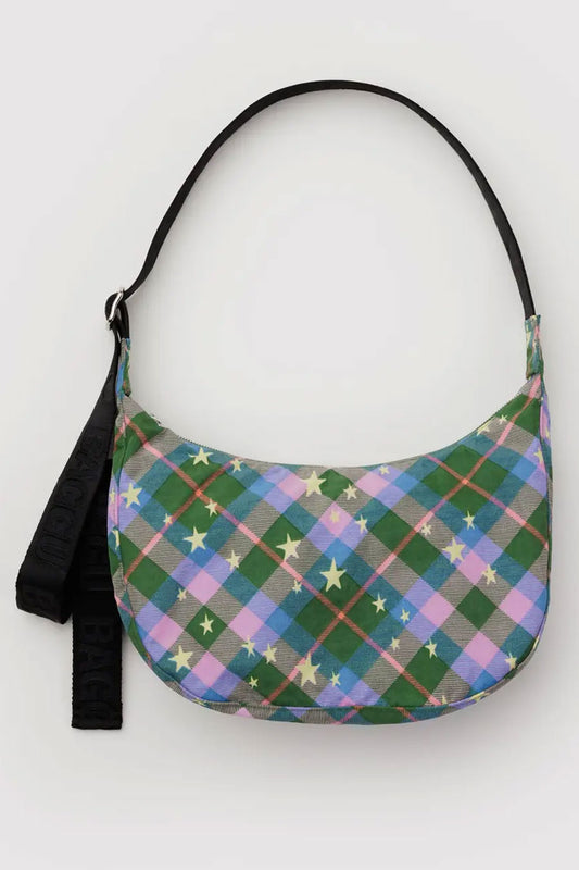 Medium Nylon Crescent Bag - Green Star Plaid