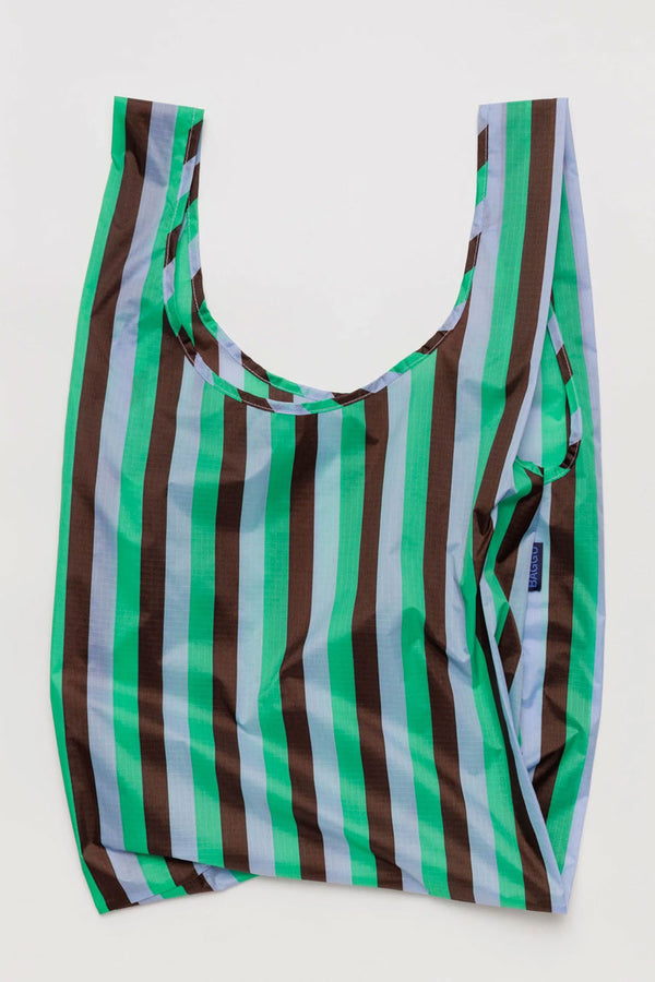 Reusable tote back featuring Brown Green and blue vertical stripes all over it.