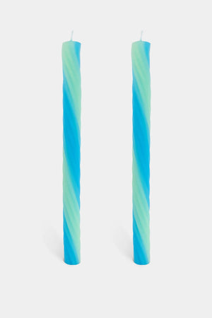 Pair of rope candles in mint and blue gradient stripes.