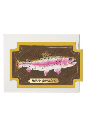 Greeting card of a mounted fish on a plaque. Card says Happy Birthday on the gold plate.