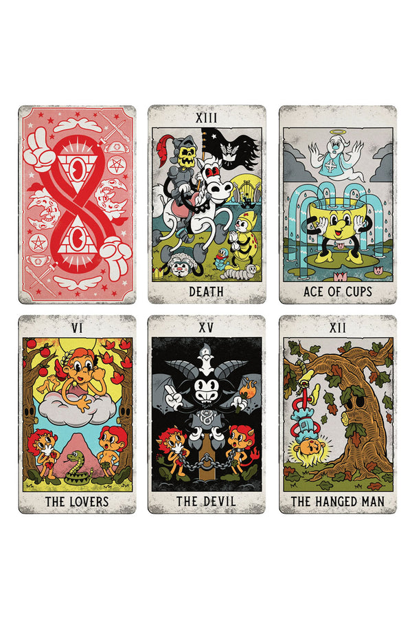 Vintage style cartoon tarot cards against a white background.