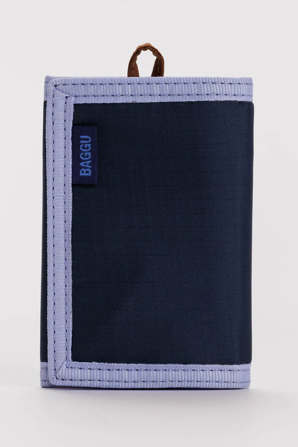 Navy wallet with an orchid color trim.