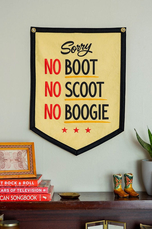 Tan Camp Flag with a black border. The flag says Sorry No Boot, No Scoot, No Boogie in red and black text. Underneath that are three red stars. 