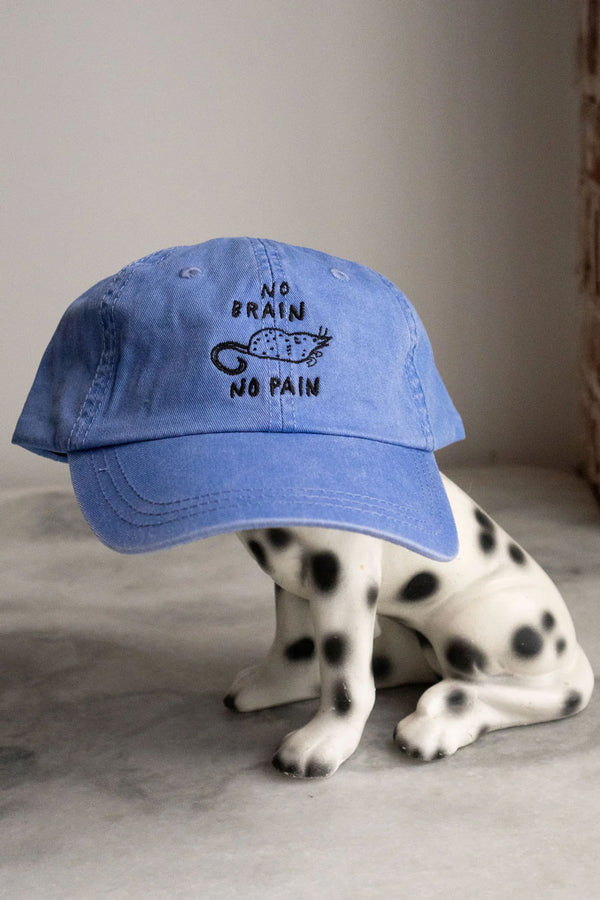 Blue 6 panel hat with black embroidered design of a Shrew that says No Brain No Pain around it.