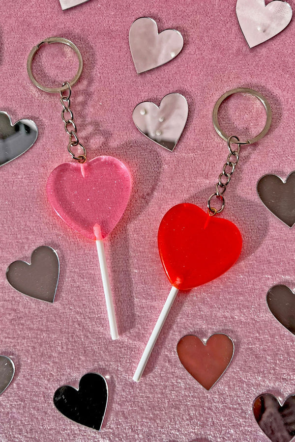 Red and Pink heart shaped lollipops with silver hardware.