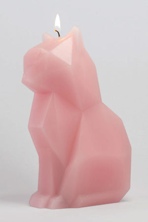 Geometric style candle in the shape of a cat. The candle is light pink and features a skeletal frame that is exposed when melted.
