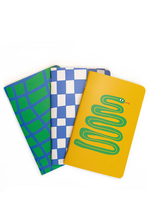 Three pocket note books fanned out and overlapping each other. one Green notebook with blue grid stripes. One Blue and White checkered notebook. One yellow notebook featuring a green snake illustration on the cover. White background.