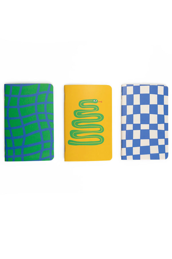 Three pocket notebooks side by side. one Green notebook with blue grid stripes. One Blue and White checkered notebook. One yellow notebook featuring a green snake illustration on the cover. White background.