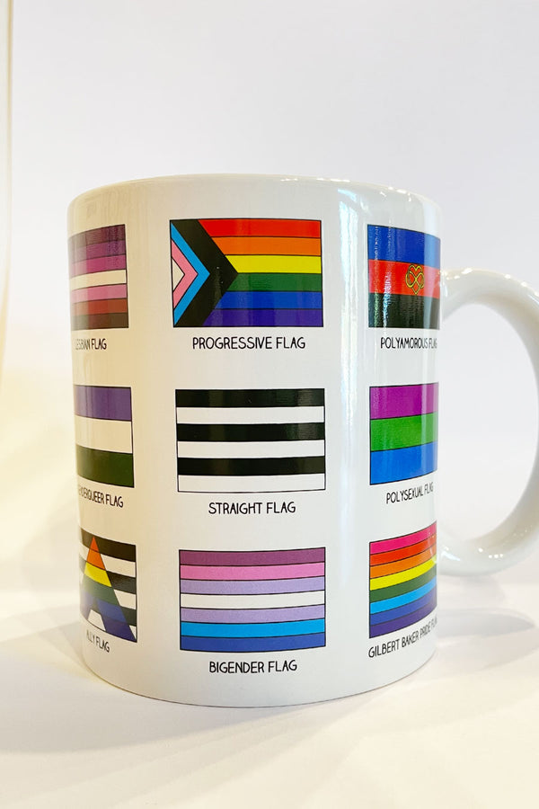 Coffee mug featuring different Pride flags. This side of the mug show the Progressive, Straight, Bigender, Polysexual, Polyamorous flags.