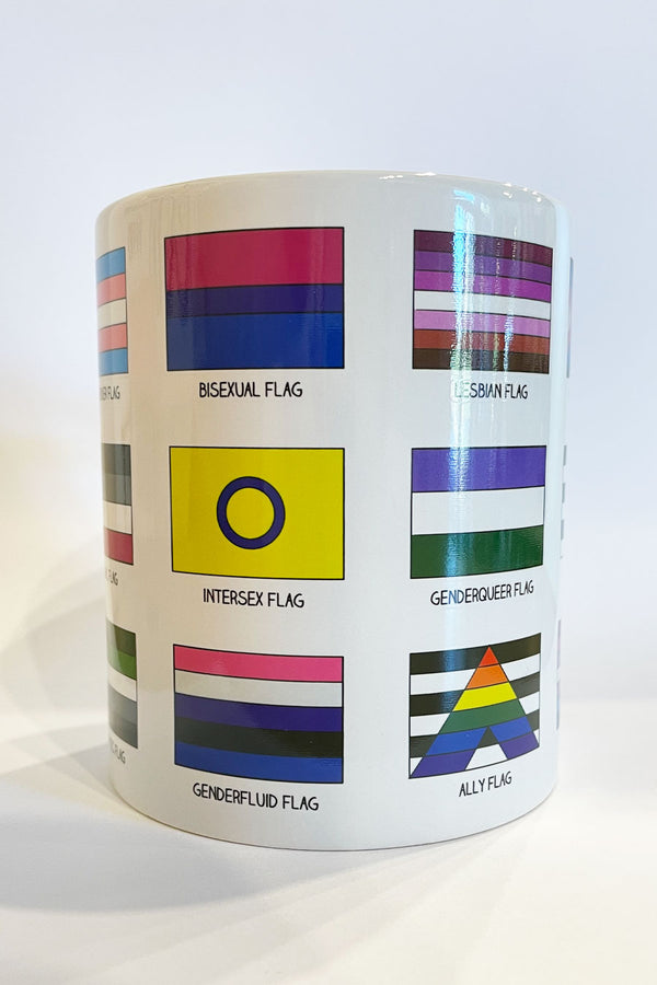 Coffee mug featuring different Pride flags. This side of the mug shows the Bisexual, Intersex, Genderfluid, Ally, Genderqueer, and Lesbian pride flags.