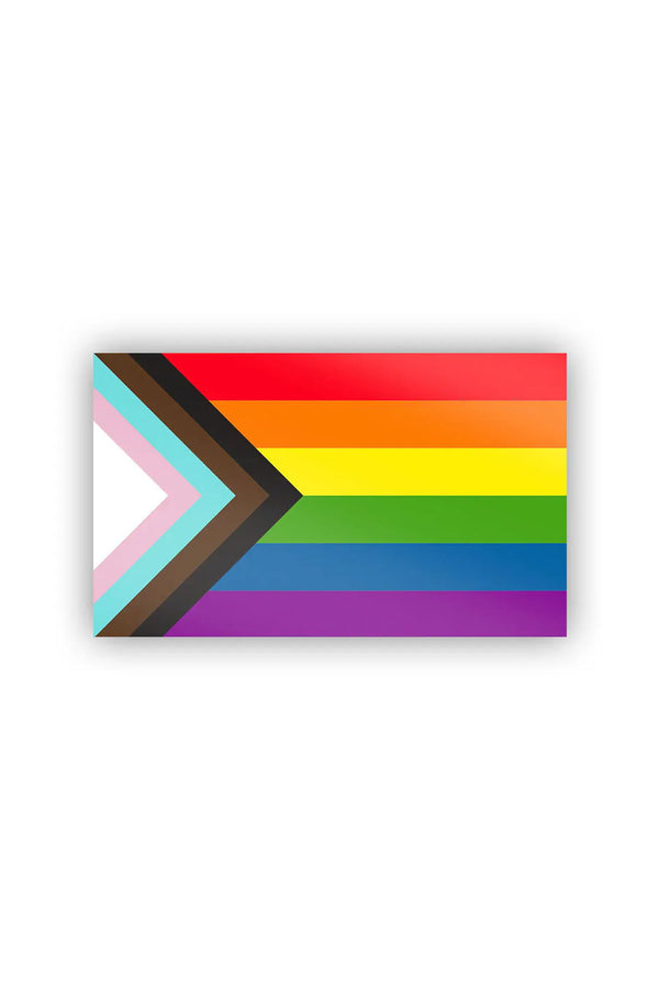 Progress Pride Flag against a white background. The Progress Pride Flag includes a black, brown, blue, pink and white stripe layered on top of the rainbow colors.