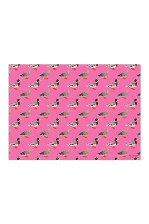 Pink wrapping paper featuring a duck pattern