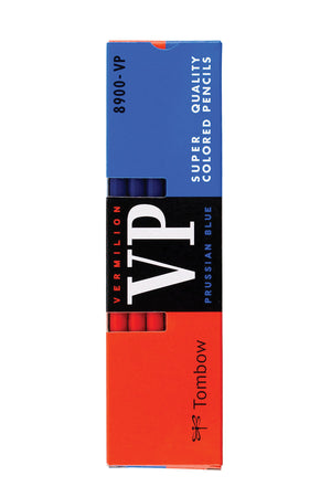 Box of 12 dual-ended red and blue colored pencils. White background. The bow is red and blue with a black band in the middle. The brand is Tombow 8900 VP. The lead color is Vermilion ad Prussian Blue. 