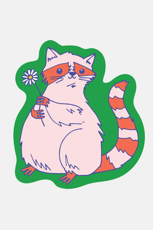 Green die cut sticker of a pink raccoon with orange markings. The raccoon is holding a daisy. White background.