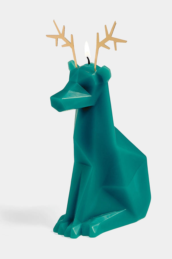 Teal reindeer shaped candle with a metal frame inside. Metal antlers. White background.