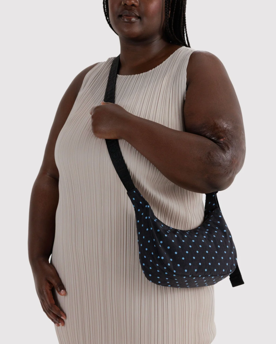 Small Nylon Crescent Bag - Black and Sky Blue Micro Dot