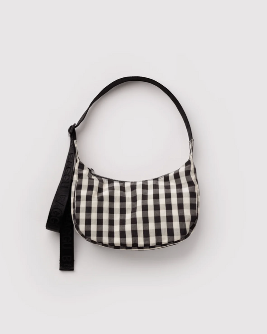 Small Nylon Crescent Bag - Black and Cream Gingham