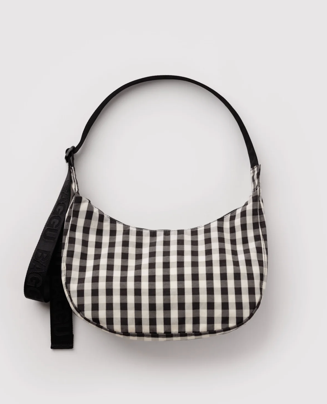 Medium Nylon Crescent Bag - Black and Cream Gingham