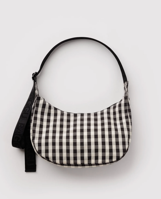Medium Nylon Crescent Bag - Black and Cream Gingham