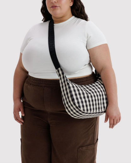 Medium Nylon Crescent Bag - Black and Cream Gingham