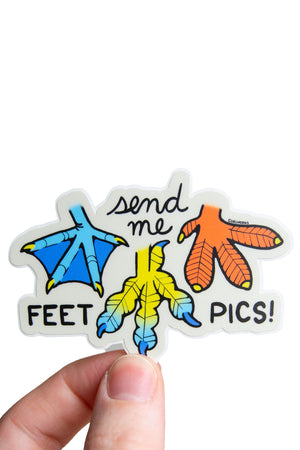 Die Cut sticker that Send me Feet Pics and features illustrations of bird feet.