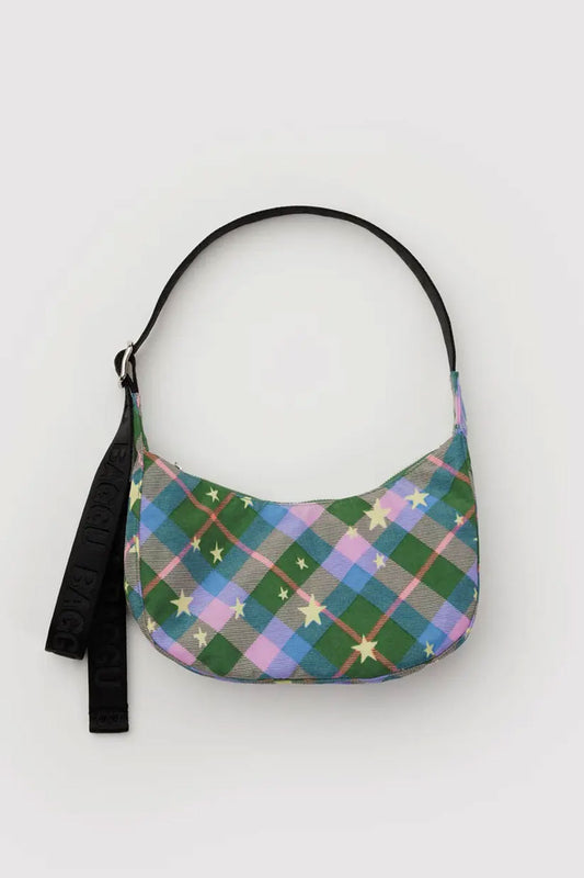Small Nylon Crescent Bag - Green Star Plaid