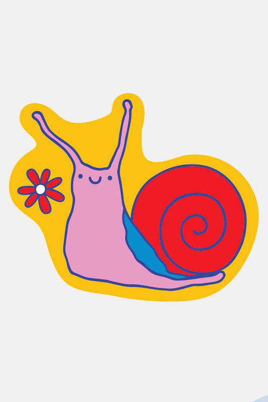 Yellow vinyl sticker of a pink and red snail with a red daisy. White background.