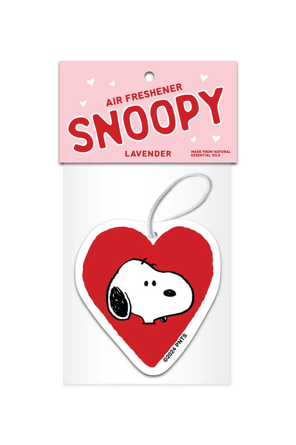 Air Freshener in the shape of a heart featuring Snoopy on the front. Scent is lavender.