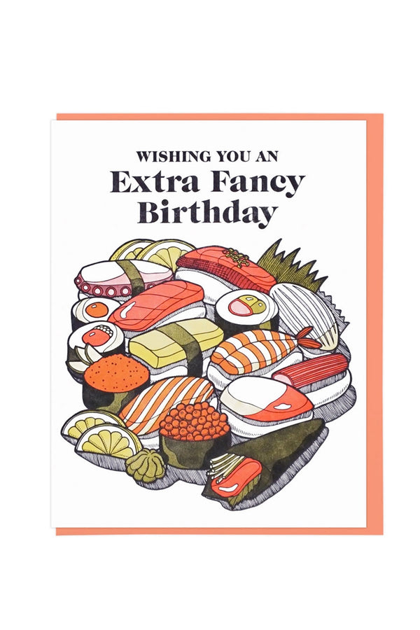 Greeting card with orange envelope. Card features illustration of various sushi rolls spread out.